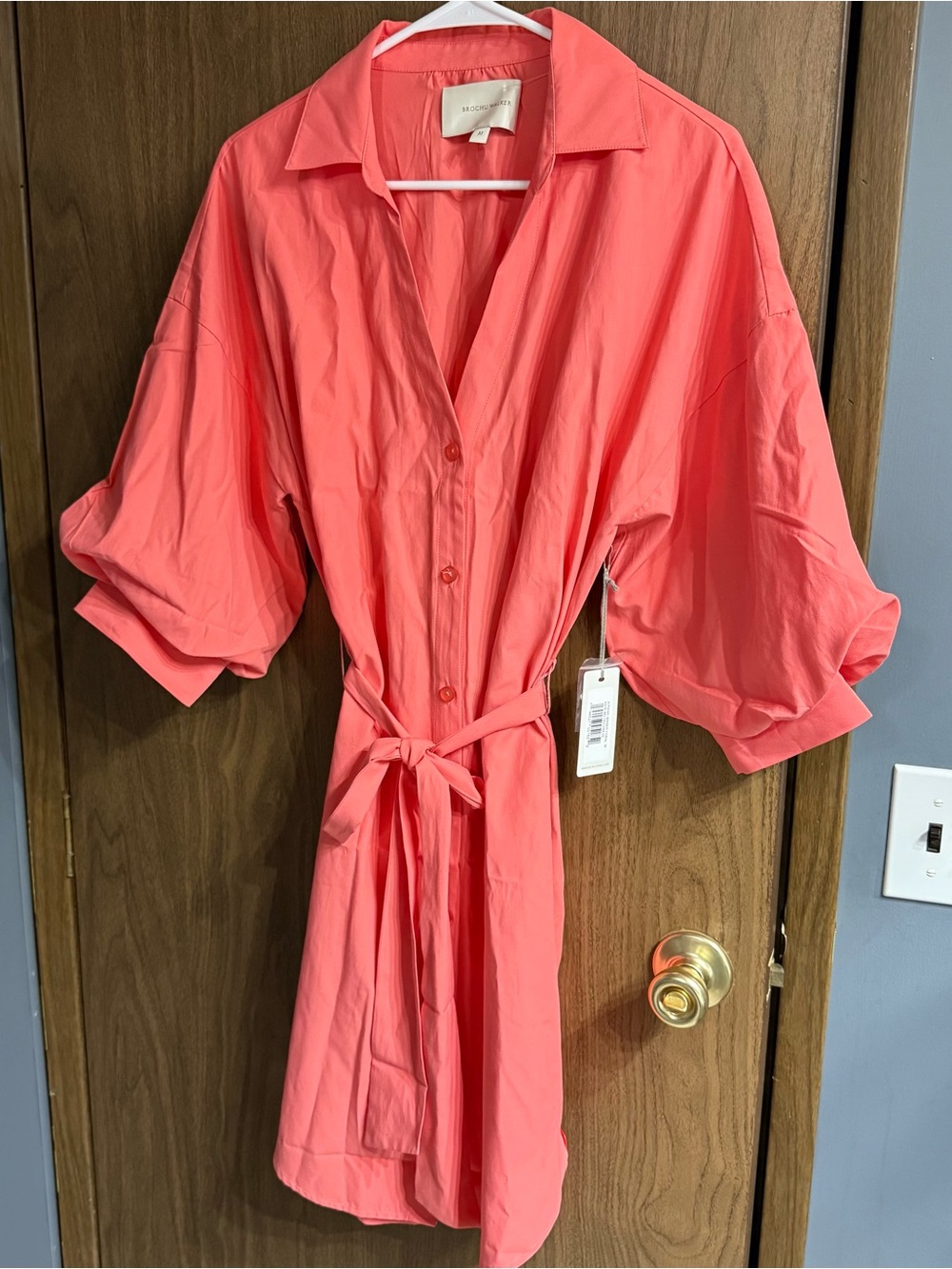 Brochu Walker Kate Belted Puff Sleeve Shirtdress in Bright Coral Size Medium NWT
